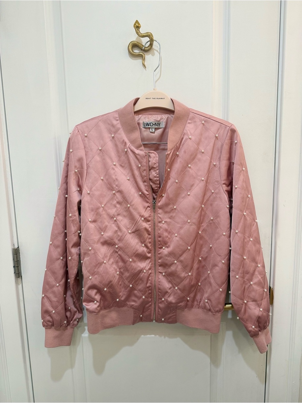 WD.NY Dusty Pink Quilted Bomber Jacket with Pearl Embellishments
